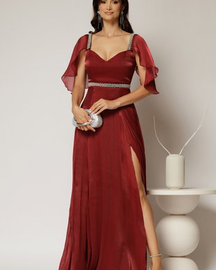 Rochie DY Fashion bordo lunga de seara cu aplicatii de perle pe talie