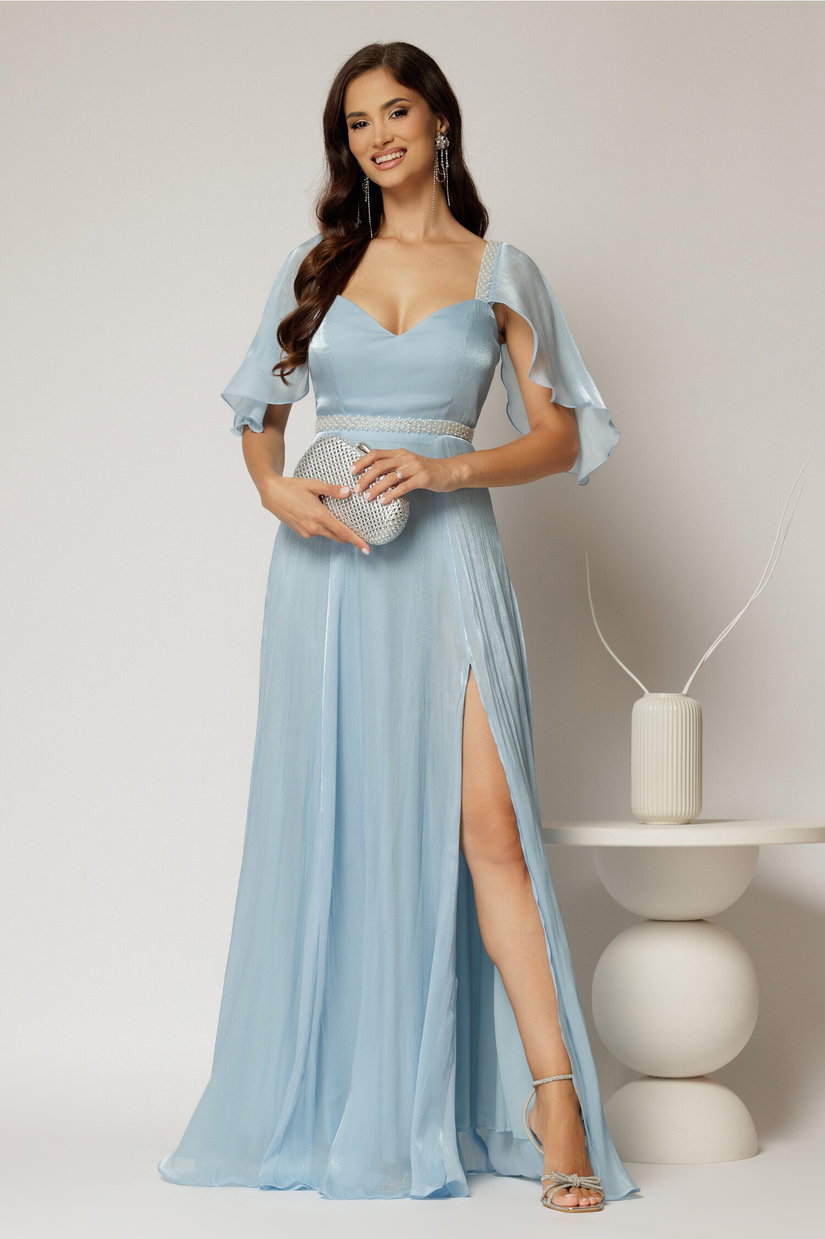 Rochie DY Fashion bleu lunga de seara cu aplicatii de perle pe talie