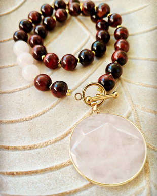 Colier vintage ochi de taur & cuart roz