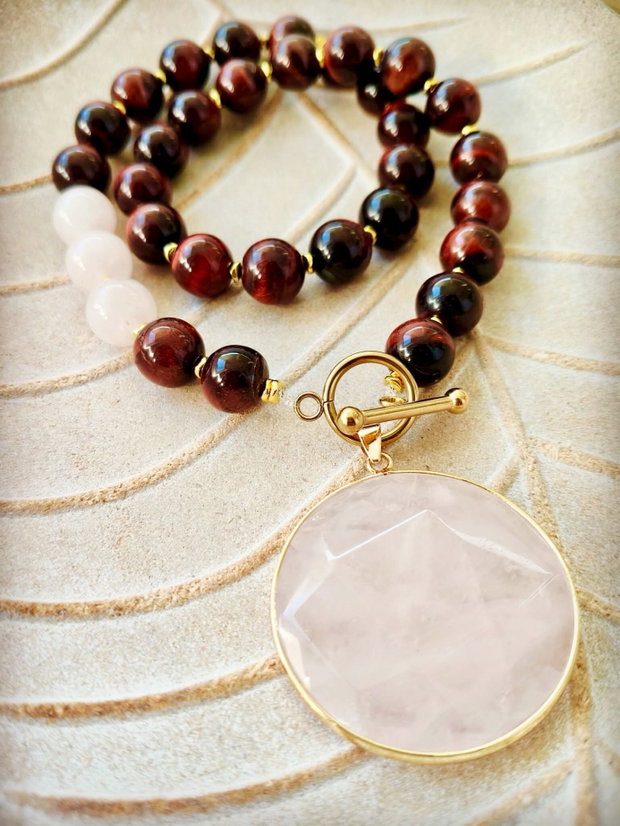 Colier vintage ochi de taur & cuart roz