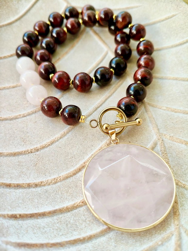 Colier vintage ochi de taur & cuart roz