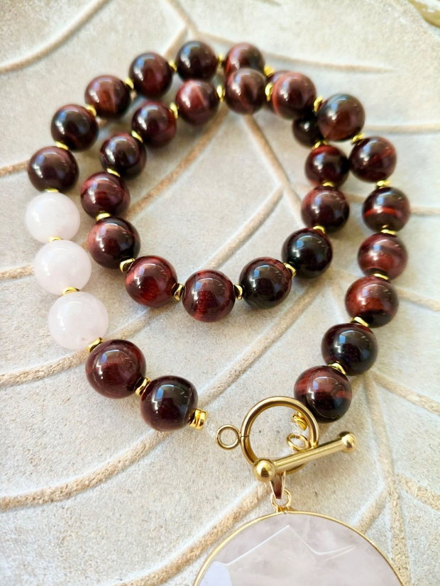Colier vintage ochi de taur & cuart roz