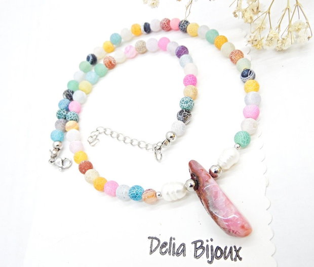 Colier handmade unicat - agate frozen si perle cultura (cod1465)