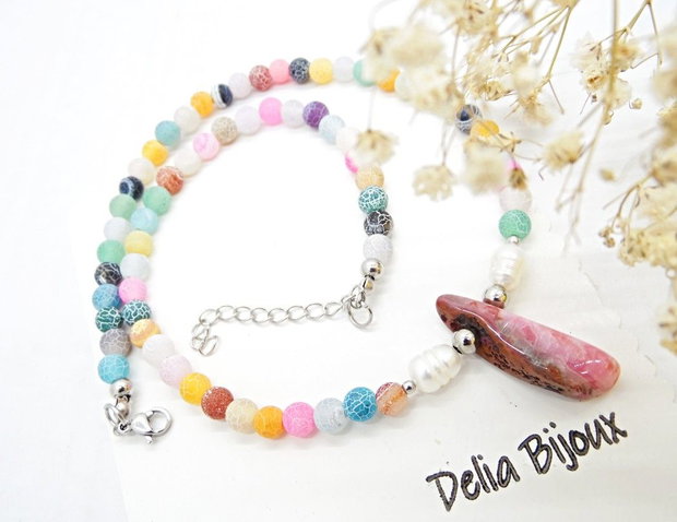 Colier handmade unicat - agate frozen si perle cultura (cod1465)