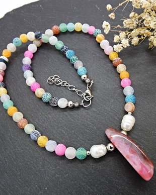 Colier handmade unicat - agate frozen si perle cultura (cod1465)