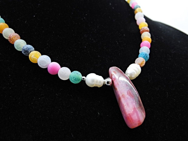 Colier handmade unicat - agate frozen si perle cultura (cod1465)