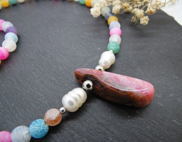 Colier handmade unicat - agate frozen si perle cultura (cod1465)