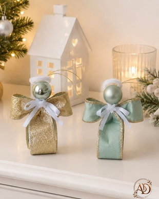 Set 3 Îngerași Crăciun verde salvie/ sampanie auriu, Ornamente brad, Cadoul perfect