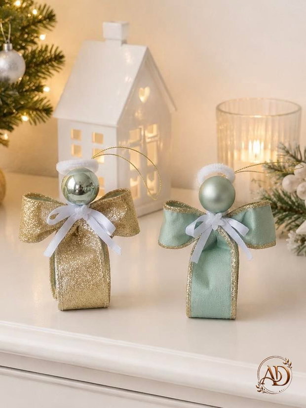 Set 3 Îngerași Crăciun verde salvie/ sampanie auriu, Ornamente brad, Cadoul perfect