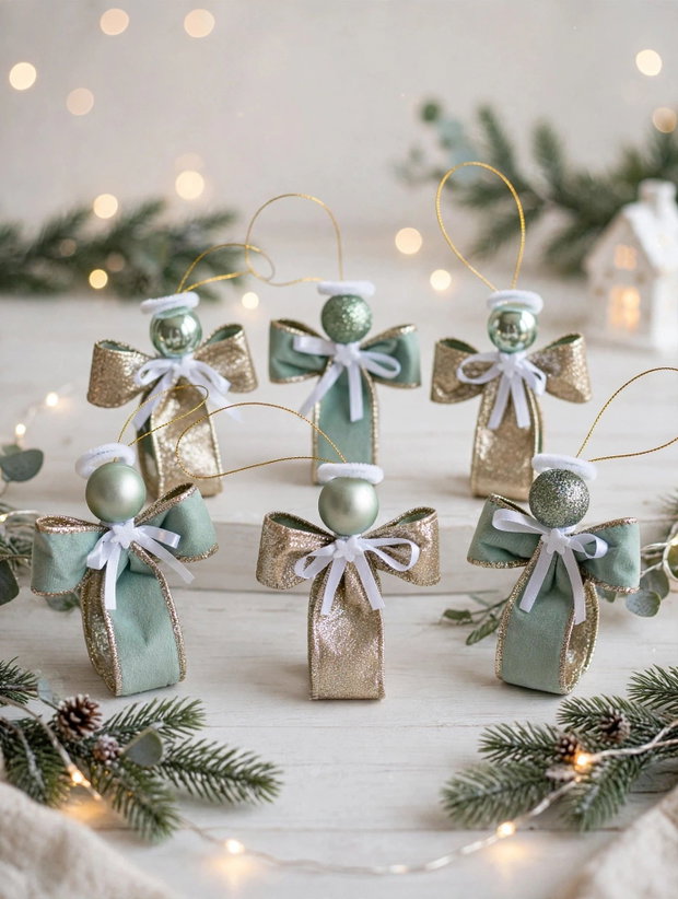 Set 3 Îngerași Crăciun verde salvie/ sampanie auriu, Ornamente brad, Cadoul perfect