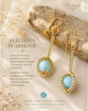 Cercei asimetrici cu Larimar, mărgele Miyuki și sârmă modelată manual