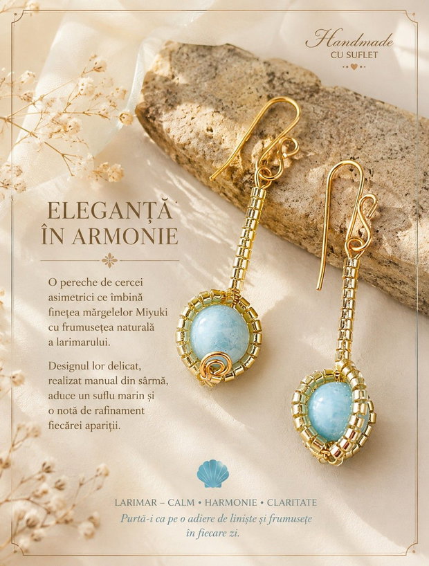 Cercei asimetrici cu Larimar, mărgele Miyuki și sârmă modelată manual