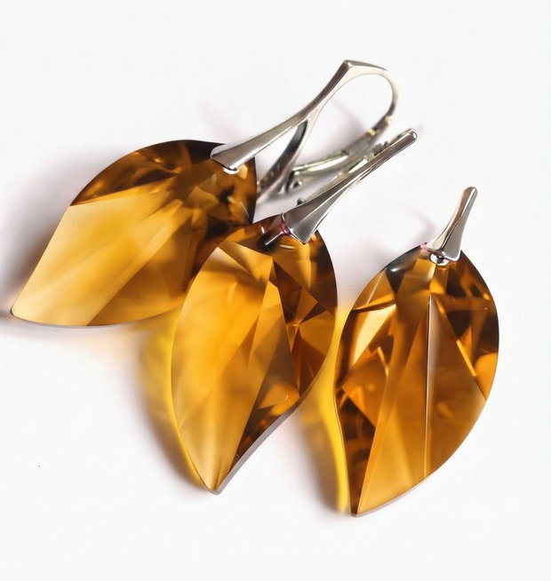 Cercei Cristale Swarovski leaf topaz si argint 925 - CE340.2 - Cercei statement, cercei cristale galbene, cercei romantici, cercei mari stralucitori, cadou pentru ea, cercei ocazie
