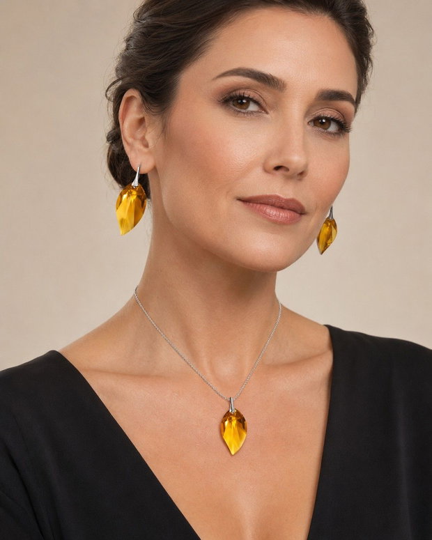 Cercei Cristale Swarovski leaf topaz si argint 925 - CE340.2 - Cercei statement, cercei cristale galbene, cercei romantici, cercei mari stralucitori, cadou pentru ea, cercei ocazie