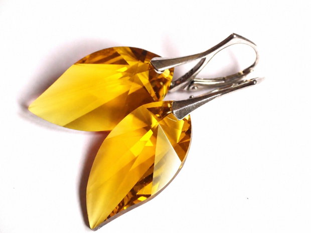 Cercei Cristale Swarovski leaf topaz si argint 925 - CE340.2 - Cercei statement, cercei cristale galbene, cercei romantici, cercei mari stralucitori, cadou pentru ea, cercei ocazie