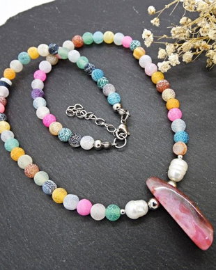 Colier handmade unicat - agate frozen si perle cultura (cod1465)