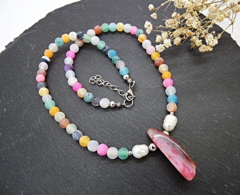 Colier handmade unicat - agate frozen si perle cultura (cod1465)