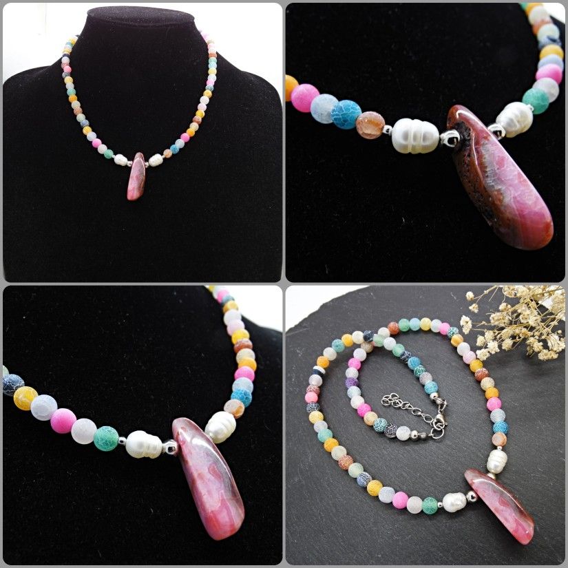Colier handmade unicat - agate frozen si perle cultura (cod1465)