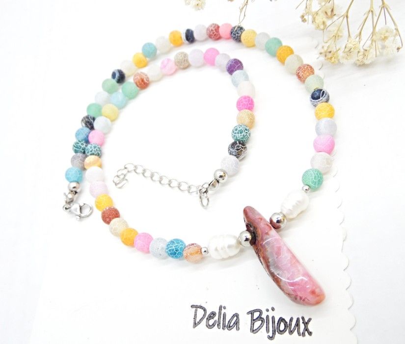Colier handmade unicat - agate frozen si perle cultura (cod1465)