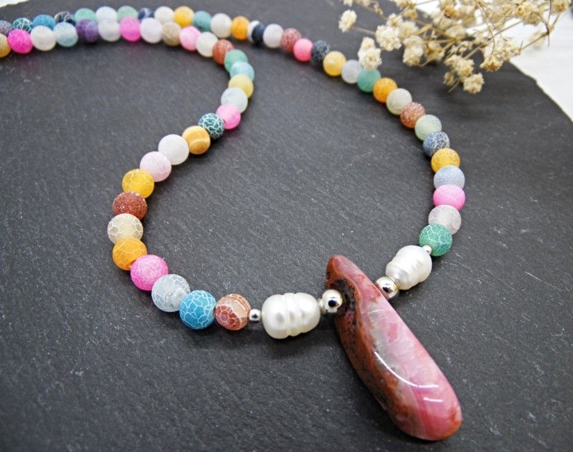 Colier handmade unicat - agate frozen si perle cultura (cod1465)