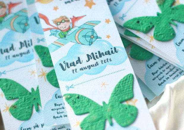 Marturii botez plantabile - semn de carte - Micul prinț - fluturas din hartie plantabila cu seminte de flori