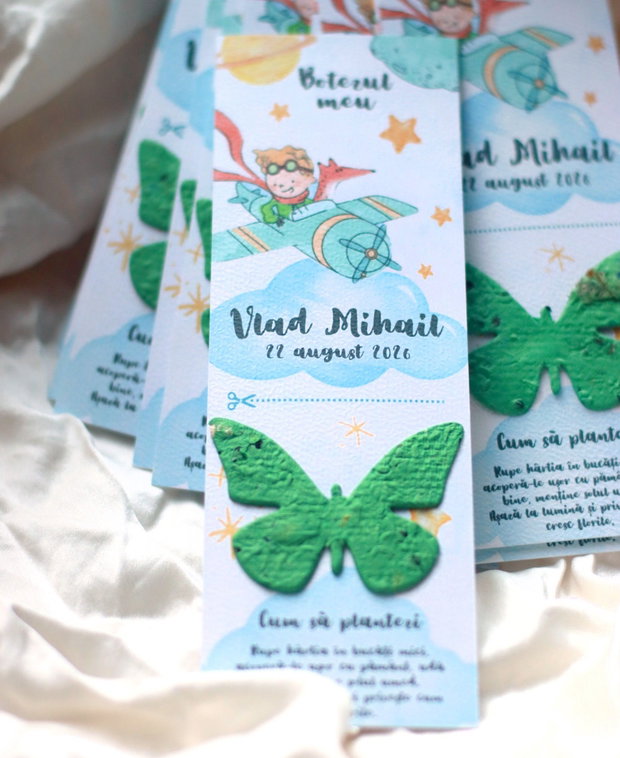 Marturii botez plantabile - semn de carte - Micul prinț - fluturas din hartie plantabila cu seminte de flori