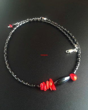 Colier argint 925 cu hematit si coral rosu