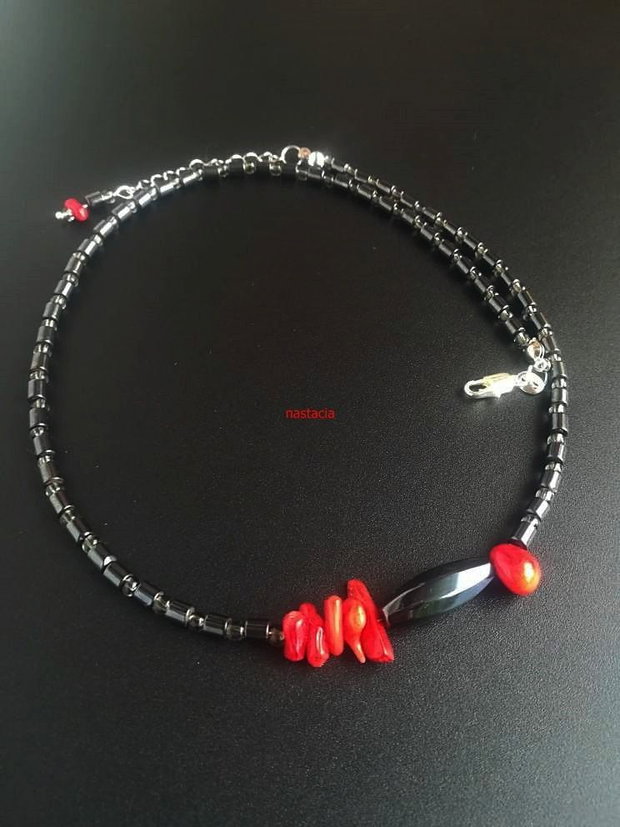 Colier argint 925 cu hematit si coral rosu