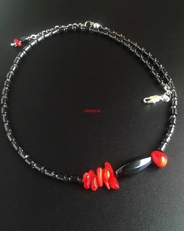 Colier argint 925 cu hematit si coral rosu