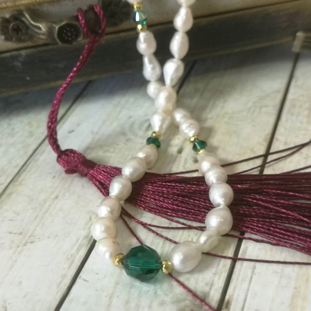 Colier din perle naturale de cultură, cristale Swarovski verde smarald și hematit auriu