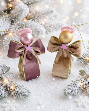 Set 3 Îngerași Crăciun 11cm - Panglică Catifea Luxury Roz Prafuit și Auriu | Cutie Aurie Cadou