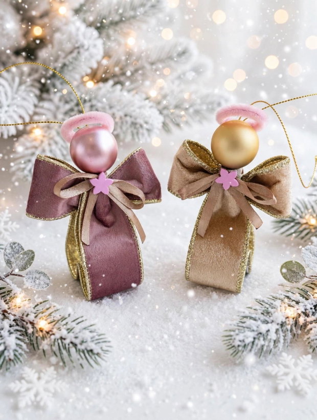 Set 3 Îngerași Crăciun 11cm - Panglică Catifea Luxury Roz Prafuit și Auriu | Cutie Aurie Cadou