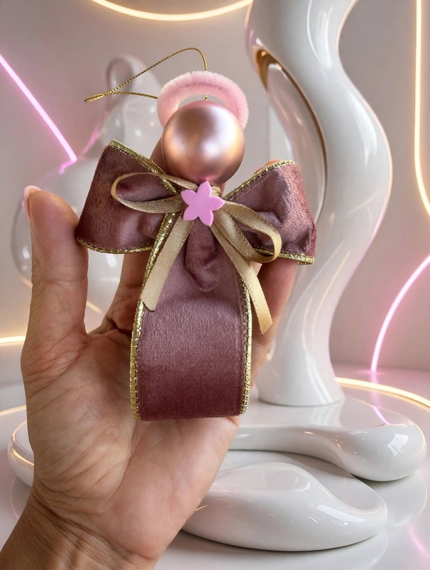Set 3 Îngerași Crăciun 11cm - Panglică Catifea Luxury Roz Prafuit și Auriu | Cutie Aurie Cadou