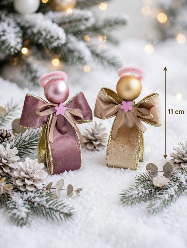 Set 3 Îngerași Crăciun 11cm - Panglică Catifea Luxury Roz Prafuit și Auriu | Cutie Aurie Cadou