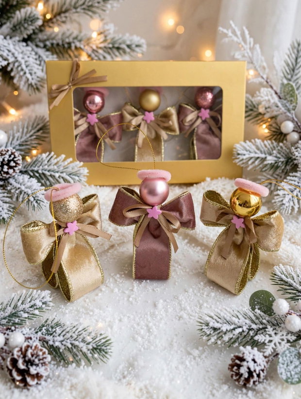 Set 3 Îngerași Crăciun 11cm - Panglică Catifea Luxury Roz Prafuit și Auriu | Cutie Aurie Cadou