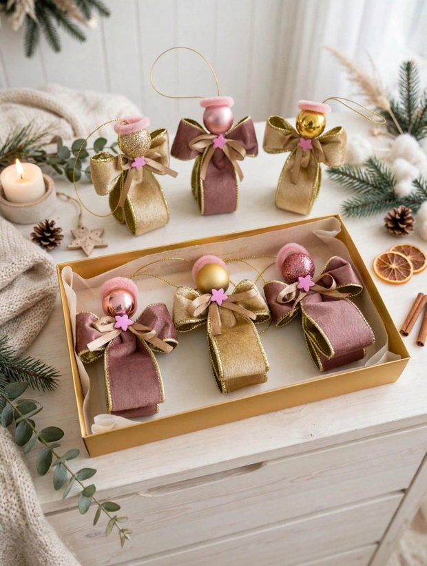 Set 3 Îngerași Crăciun 11cm - Panglică Catifea Luxury Roz Prafuit și Auriu | Cutie Aurie Cadou