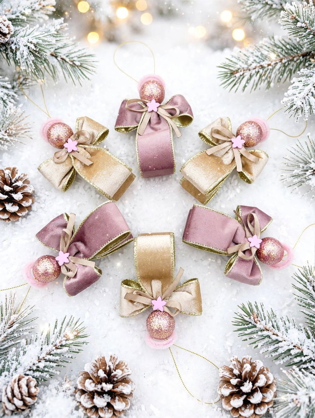 Set 3 Îngerași Crăciun 11cm - Panglică Catifea Luxury Roz Prafuit și Auriu | Cutie Aurie Cadou
