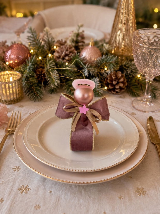 Set 3 Îngerași Crăciun 11cm - Panglică Catifea Luxury Roz Prafuit și Auriu | Cutie Aurie Cadou