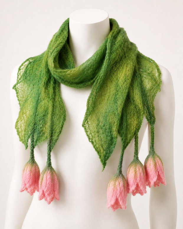 Eșarfă verde din lână merinos, cu lalele roz nunofelting handmade