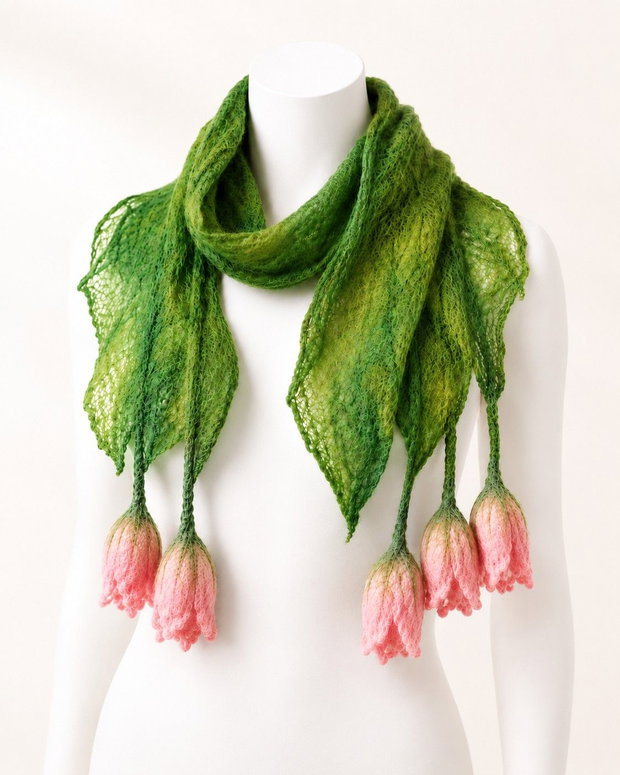Eșarfă verde din lână merinos, cu lalele roz nunofelting handmade