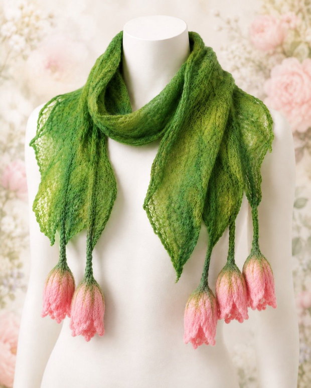 Eșarfă verde din lână merinos, cu lalele roz nunofelting handmade