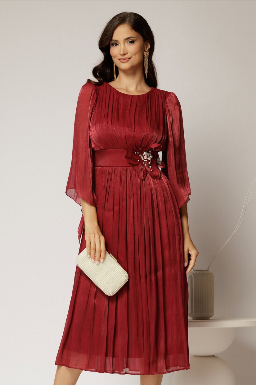Rochie midi bordo de ocazie din voal peliculizat cu perle pe talie