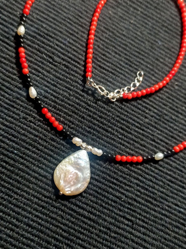 Rezervat Colier argint coral spinel perle naturale de cultura baroc picatura minimalist boho chic trendy