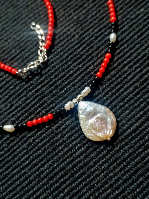 Rezervat Colier argint coral spinel perle naturale de cultura baroc picatura minimalist boho chic trendy
