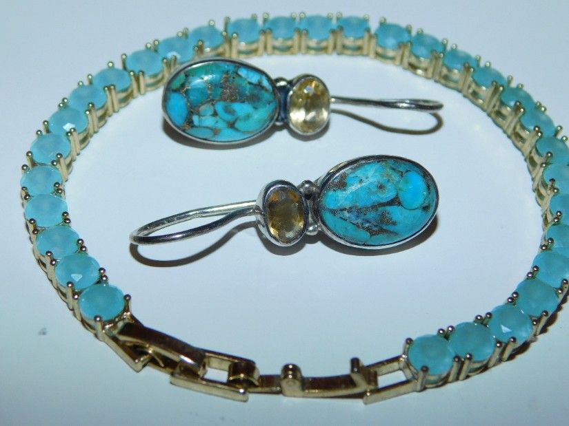 Cercei  noi argint,   piatra  turcoaze  blue  copper  si citrin, cadou bratara  cristale zirconiu