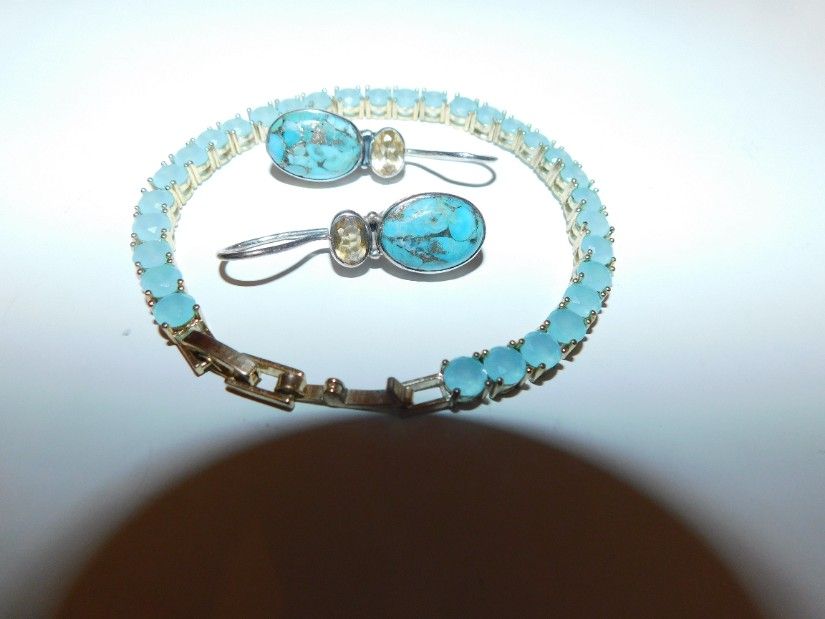 Cercei  noi argint,   piatra  turcoaze  blue  copper  si citrin, cadou bratara  cristale zirconiu