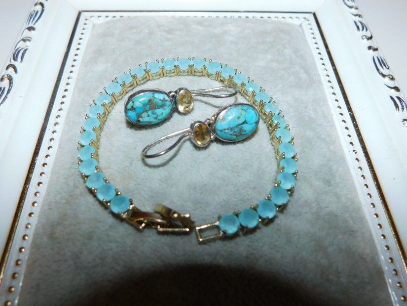 Cercei  noi argint,   piatra  turcoaze  blue  copper  si citrin, cadou bratara  cristale zirconiu