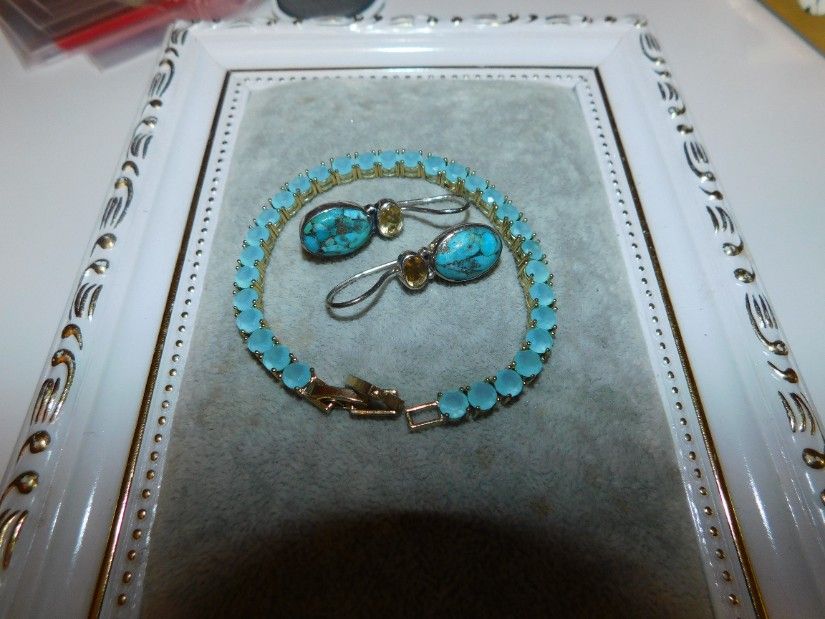 Cercei  noi argint,   piatra  turcoaze  blue  copper  si citrin, cadou bratara  cristale zirconiu