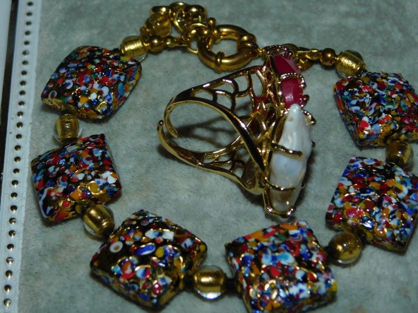 Bratara  noua  MURANO, originala, inel  mare ,   perla  naturala, cuart   roz pinkl