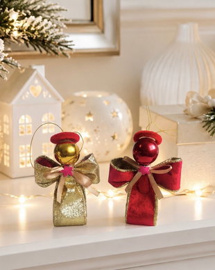 Set 3 Îngerași de Crăciun Handmade Lux - Ornament Brad 11cm din Panglică de Catifea Roșie și Aurie | Cadou Sărbători